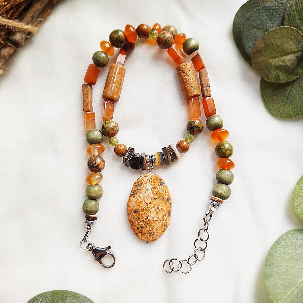 Granite Pendant Necklace with Wood, Peridot & Jasper — Granola Boho Style